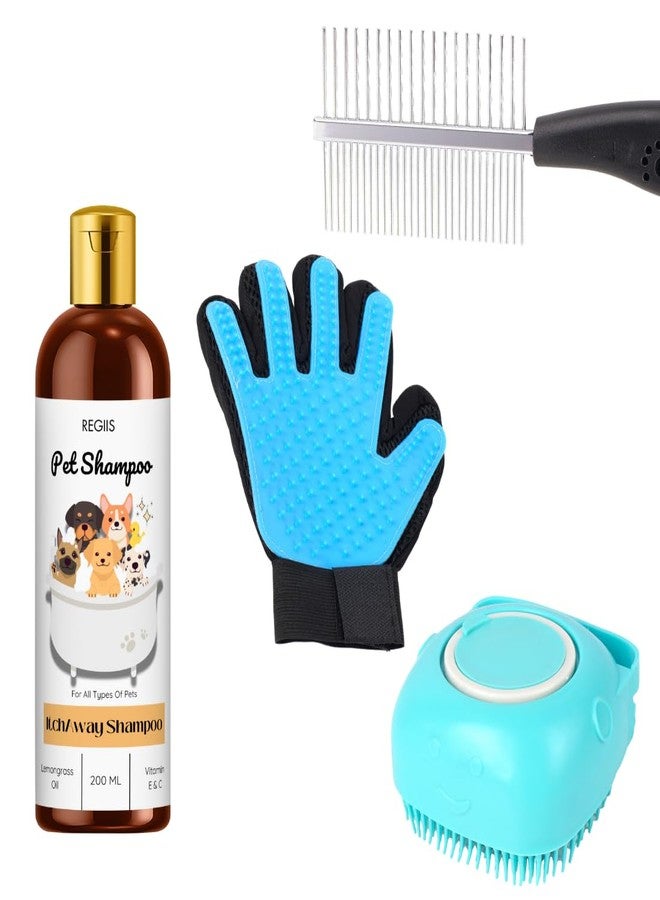 REGIIS Pet Grooming Kit with Dog Shampoo, Deshedding Glove, Brush Set, 200ml Lemongrass and Vitamin E&C Formula, Professional Pet Bath and Care Tools(Pack of 4) - Image 1